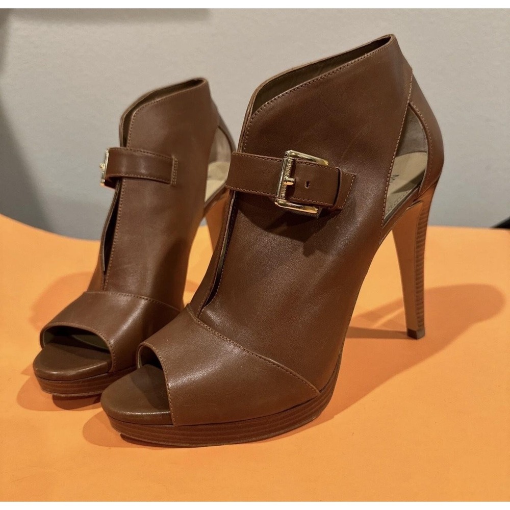 MICHAEL Michael Kors Brown Leather Peep-Toe Ankle Booties with Gold Buckle - Picture 2 of 9